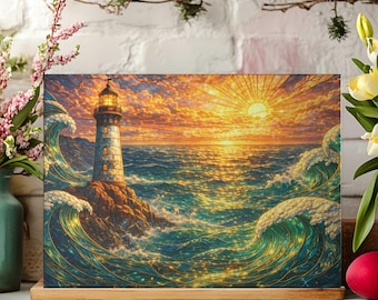 Vuurtoren Zonsopgang Oceaangolven Glazen snijplank | Keukendecoratie zeegezicht