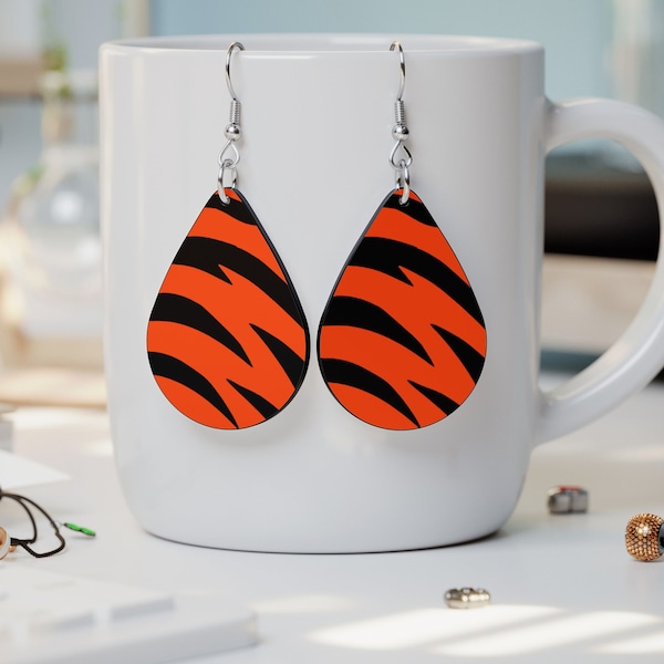 Cincinnati Football Teardrop Earrings, Black and Orange Tiger Stripe Jewelry, Gift For Her