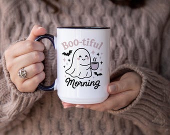 Boo-tiful Morning Mug, Cute Ghost Halloween Mug, Pastel Goth Coffee Cup, Pink Halloween Mug, Spooky Gift for Her