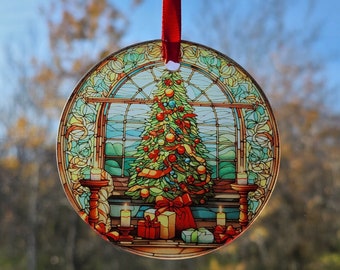 Christmas Stained Glass Style Ornament, Christmas Tree Suncatcher, Holiday Home Decoration