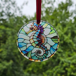 Seahorse Stained Glass-Style Ornament, Coastal Suncatcher