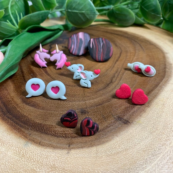 The Heart Collection | Lightweight Handmade Polymer Clay Earrings | Stud Earrings | Titanium Studs | Elephant Studs | Unicorn Studs