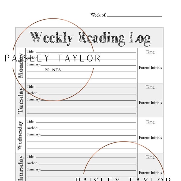 Weekly Reading Log Printable: Child friendly Layout w/ Title, Author, and Summary entries