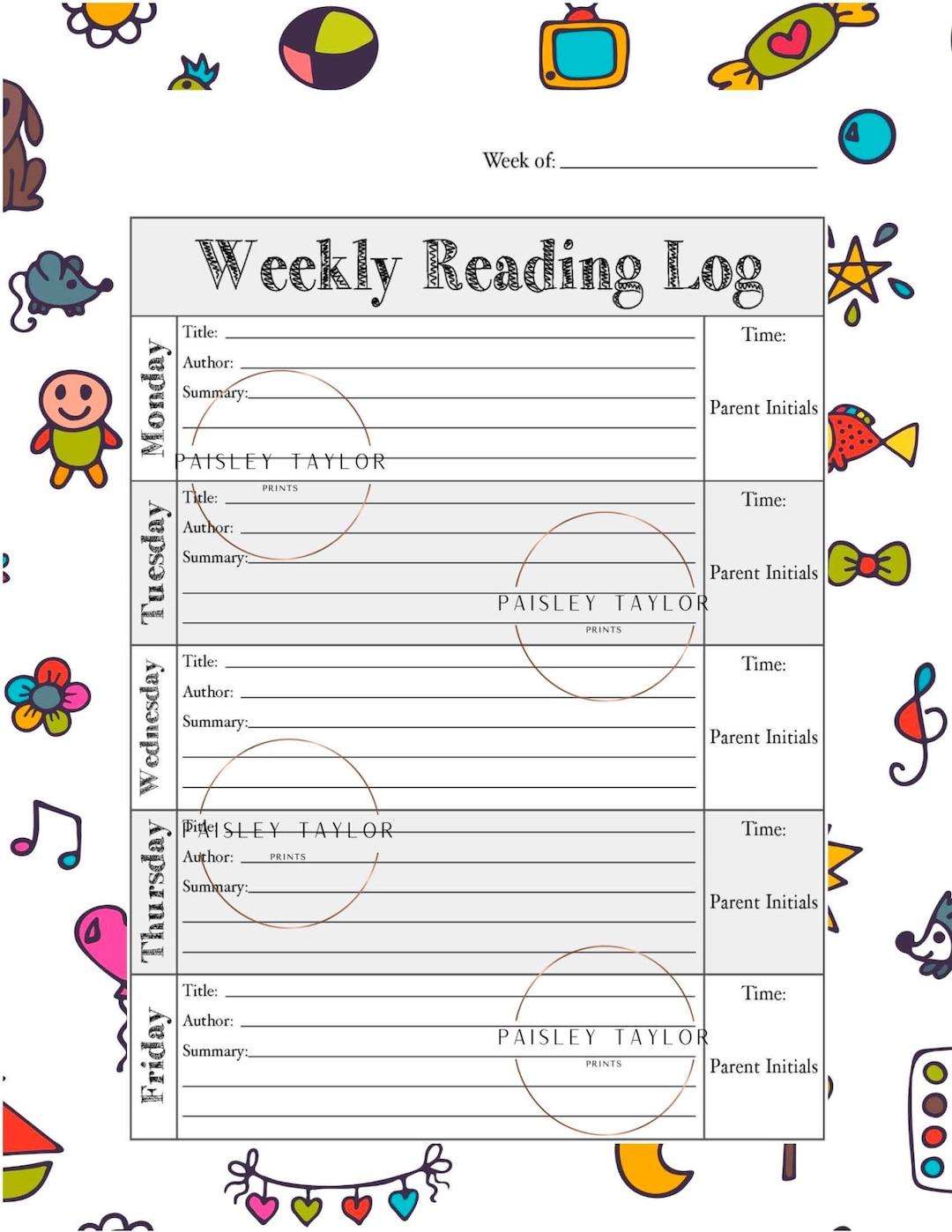 Weekly Reading Log Printable Child Friendly Layout W/ Title, Author