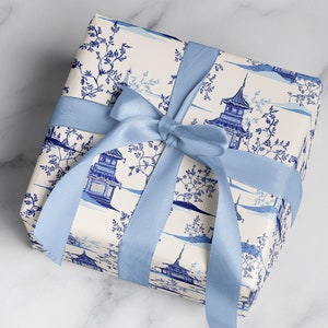 Wrapping Paper: Blue Pagodas {Gift Wrap, Birthday, Holiday, Christmas}