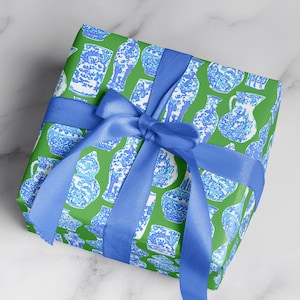 Preppy Wrapping Paper: Ginger Jars with Green Background {Gift Wrap, Birthday, Holiday, Christmas}