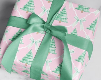 Christmas Wrapping Paper: Pink and Green Trees and Bows {Traditional Christmas Wrapping Paper for Girls}