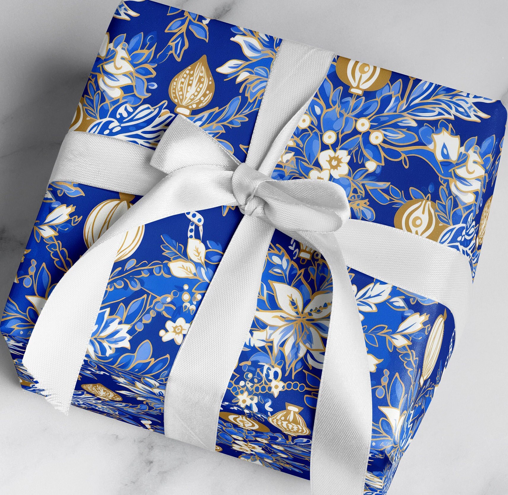 Preppy Christmas Wrapping Paper Blue White and Gold Christmas