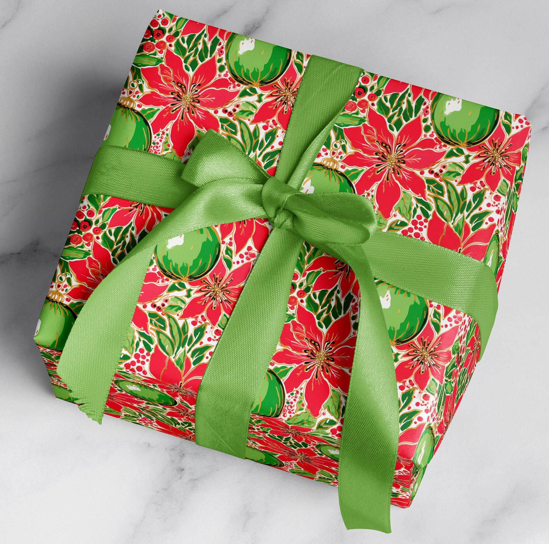 Preppy Christmas Wrapping Paper: Red and Green Ornaments gift Wrap