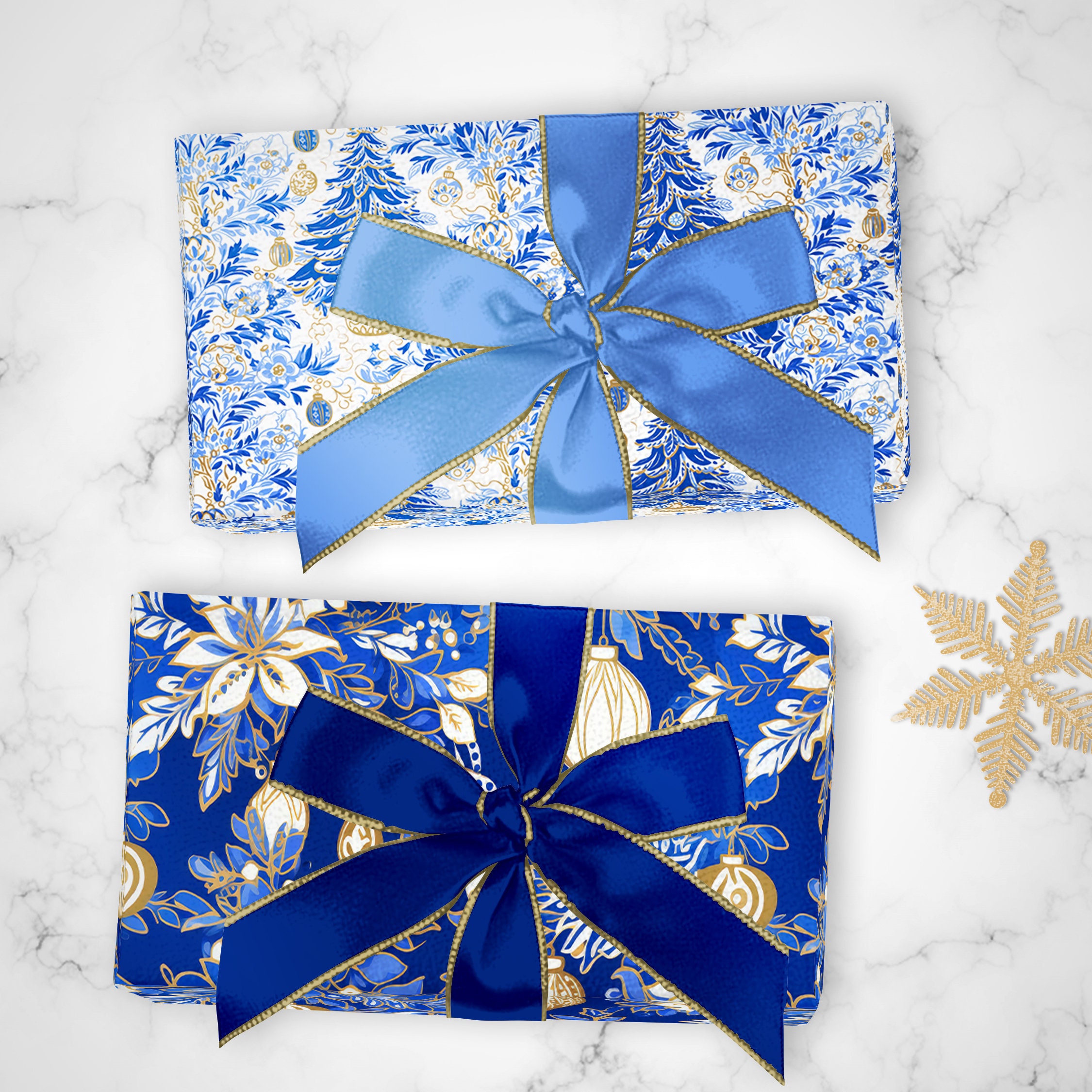 Preppy Christmas Wrapping Paper: Blue, White and Gold Christmas Ornaments gift  Wrap, Birthday, Holiday, Christmas 