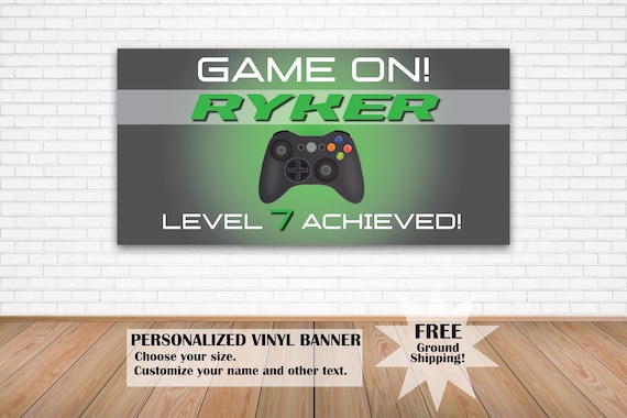 Gaming Birthday Banner Personalized Level Up Birthday Party Decoration, Video Game Party Backdrop Sign for Wall, Custom Vinyl Banner Outdoor
