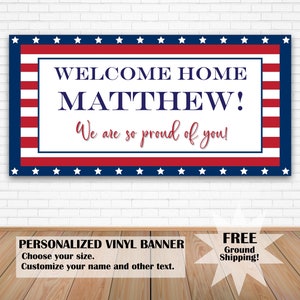Welcome Home Military Banner Personalized, Patriotic Yard Sign with Name, Deployment Homecoming Sign, Miss You Banner With American Flag