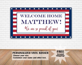 Welcome Home Military Banner Personalized, Patriotic Yard Sign with Name, Deployment Homecoming Sign, Miss You Banner With American Flag