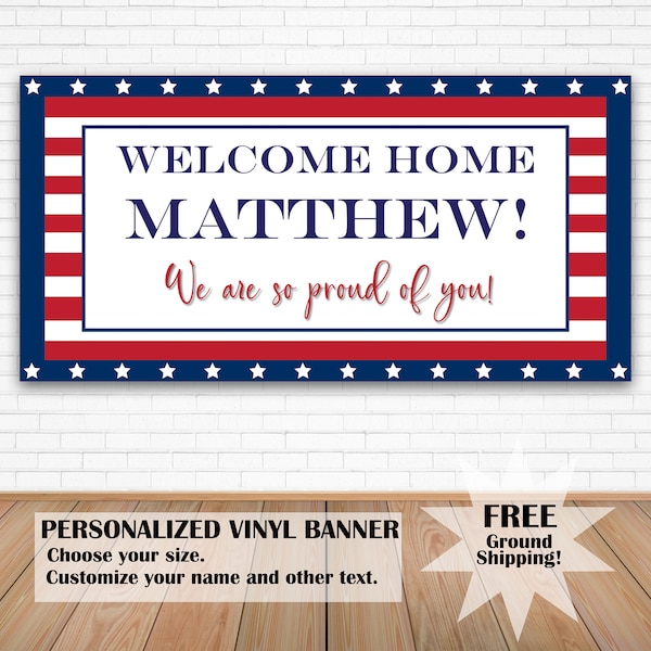 Welcome Home Military Banner Personalized, Patriotic Yard Sign with Name, Deployment Homecoming Sign, Miss You Banner With American Flag