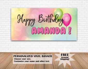 Personalized Happy Birthday Banner for Her, Custom Birthday Backdrop with Balloons, Pink Birthday Decorations, Outdoor Birthday Yard Sign