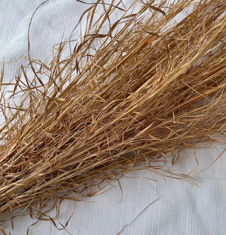 May include: A bundle of dried, light brown grass with long, thin blades. The grass is arranged in a loose, natural way, creating a rustic and organic look.
