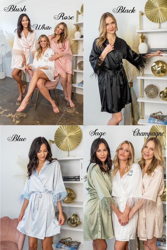 Sage Black White Rose Blush Blue Champagne Feather Robe Bridesmaid Robes Pajamas Bridal Party Robe Robe for Bride Plus Size Satin Robes Etsy