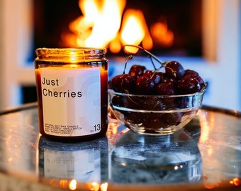 Cherry scented soy candle 8oz  beeswax hemp wicks soy wax handmade small batch reusable amber jar