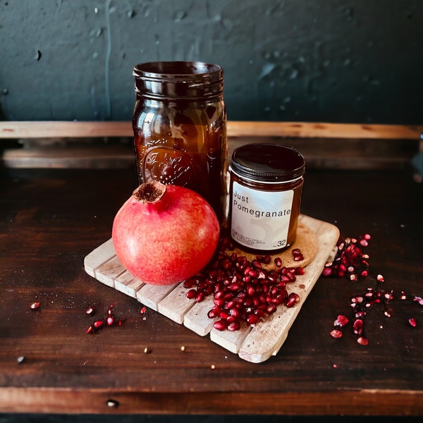 Pomegranate scented candle Just Pomegranate 8oz scented soy candle 23bees beeswax wicks millennium soy wax hand poured reusable amber jar