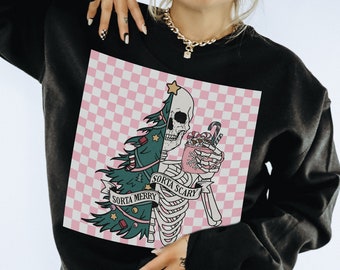 Pull ras du cou effrayant Sorta Merry Sorta, pull de Noël gothique, sweat-shirt de Noël mignon, sweat-shirt squelette de Noël, Noël drôle