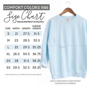 May include: A size chart for a light blue crewneck sweatshirt, showing measurements in inches for width, length, and sleeve length. Sizes range from S to 3X.