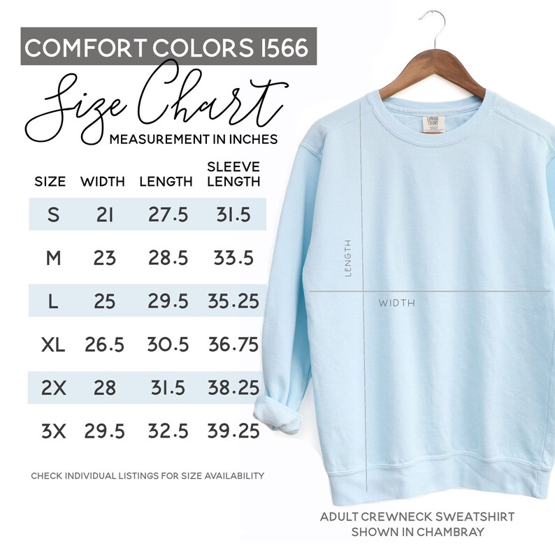 May include: A size chart for a light blue crewneck sweatshirt, showing measurements in inches for width, length, and sleeve length. Sizes range from S to 3X.
