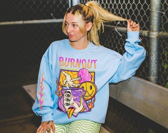 Bluza Neon Pop Punk Burn Out, Neo Pop Culture, Urban Streetwear, Alt Crewneck, Estetyka y2k lat 90., Grunge Crew, Odzież skaterska