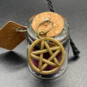 Peut inclure: Une petite bouteille en verre avec un bouchon en liège et un charme pentagramme. La bouteille est remplie de fleurs et d'herbes séchées. Le charme est en métal et a une finition brun foncé.