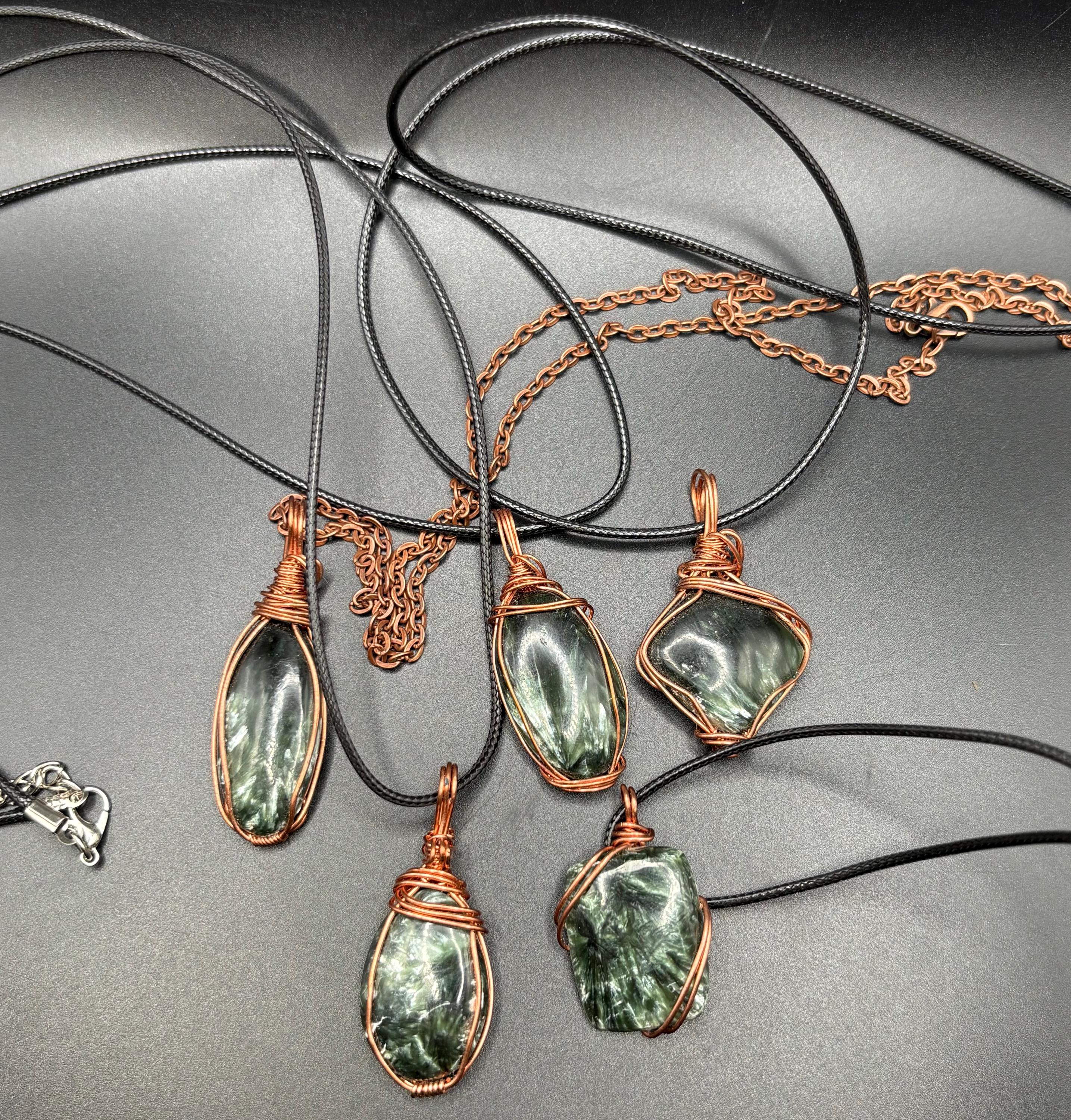 Seraphinite Crystal Pendant Necklace: Copper Wire Wrapped Feather Stone Jewelry image 3