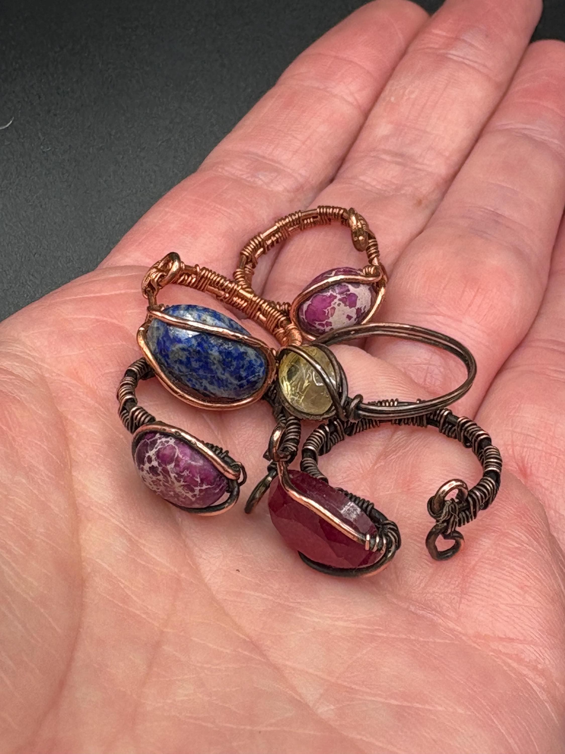 Handmade Wire Wrapped Gemstone Rings | Copper, Lapis, Quartz, Jasper Boho Style image 2