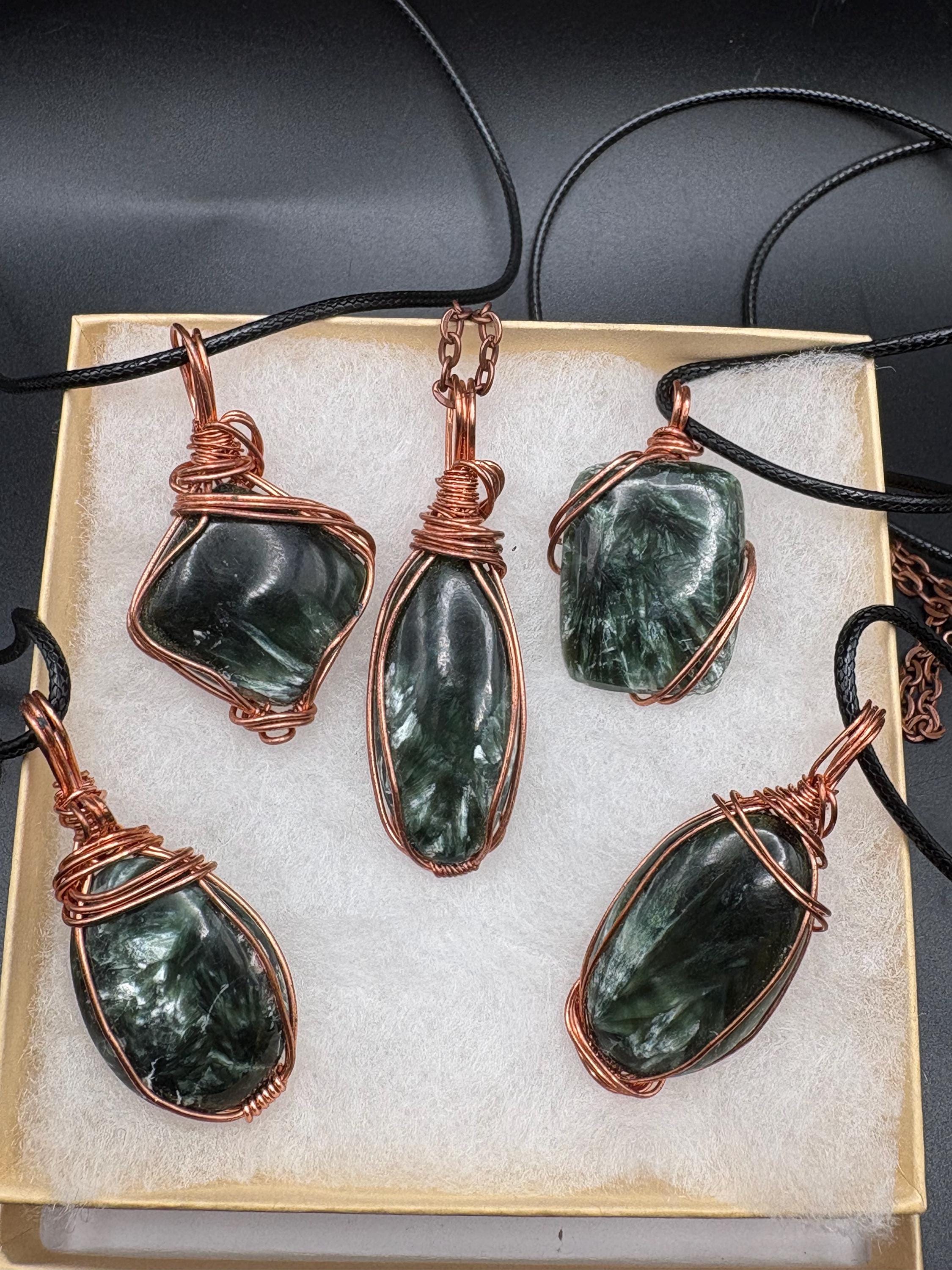 Seraphinite Crystal Pendant Necklace: Copper Wire Wrapped Feather Stone Jewelry image 2