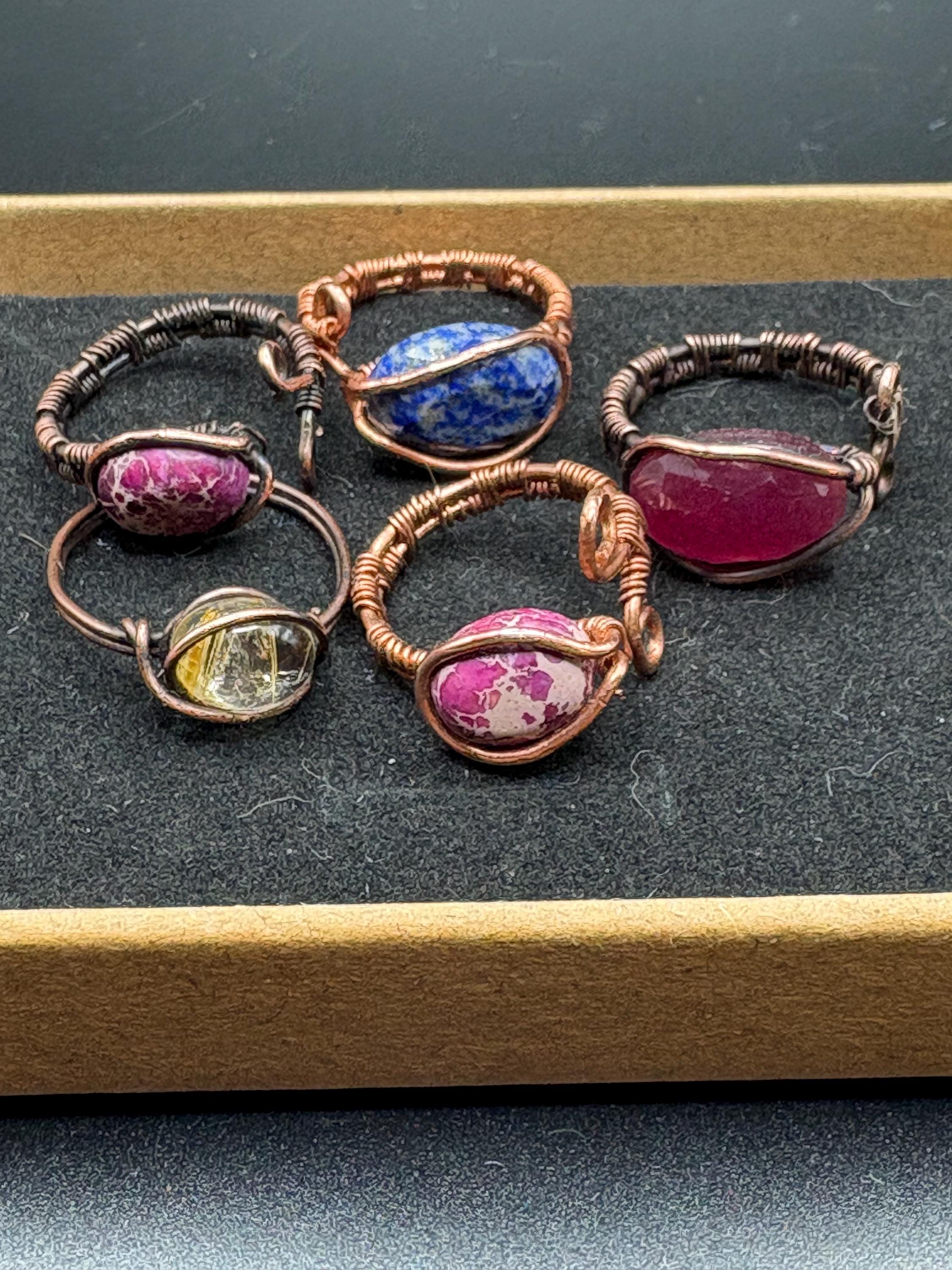 Handmade Wire Wrapped Gemstone Rings | Copper, Lapis, Quartz, Jasper Boho Style image 3