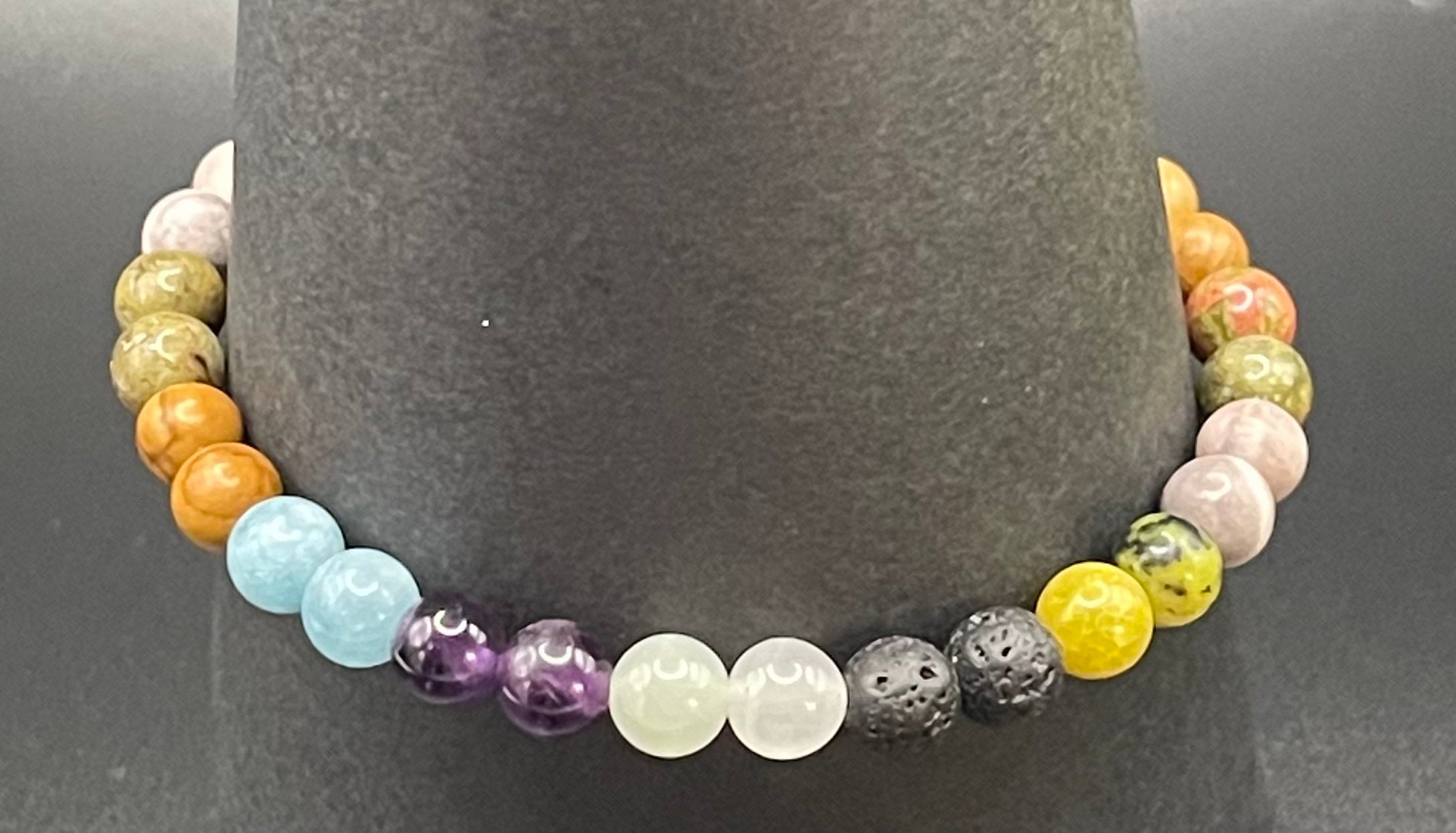 Handmade Gemstone Stretch Bracelet | Clear Quartz, Amethyst, Aquamarine, Lava Stone image 5