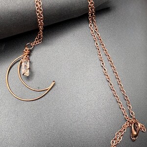 Copper Crescent Moon Necklace with Clear Quartz | Wire-Wrapped Crystal Pendant