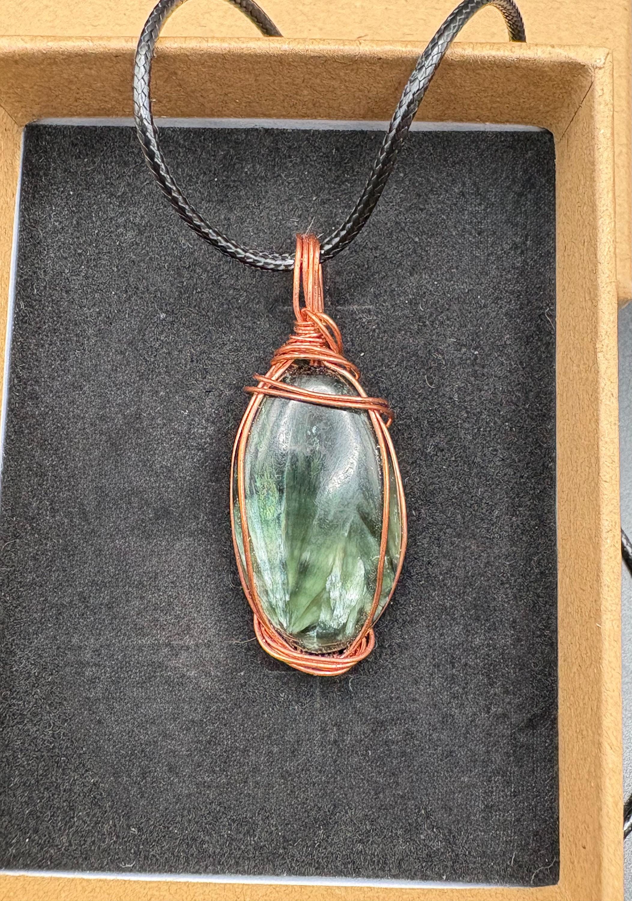 Seraphinite Crystal Pendant Necklace: Copper Wire Wrapped Feather Stone Jewelry image 8