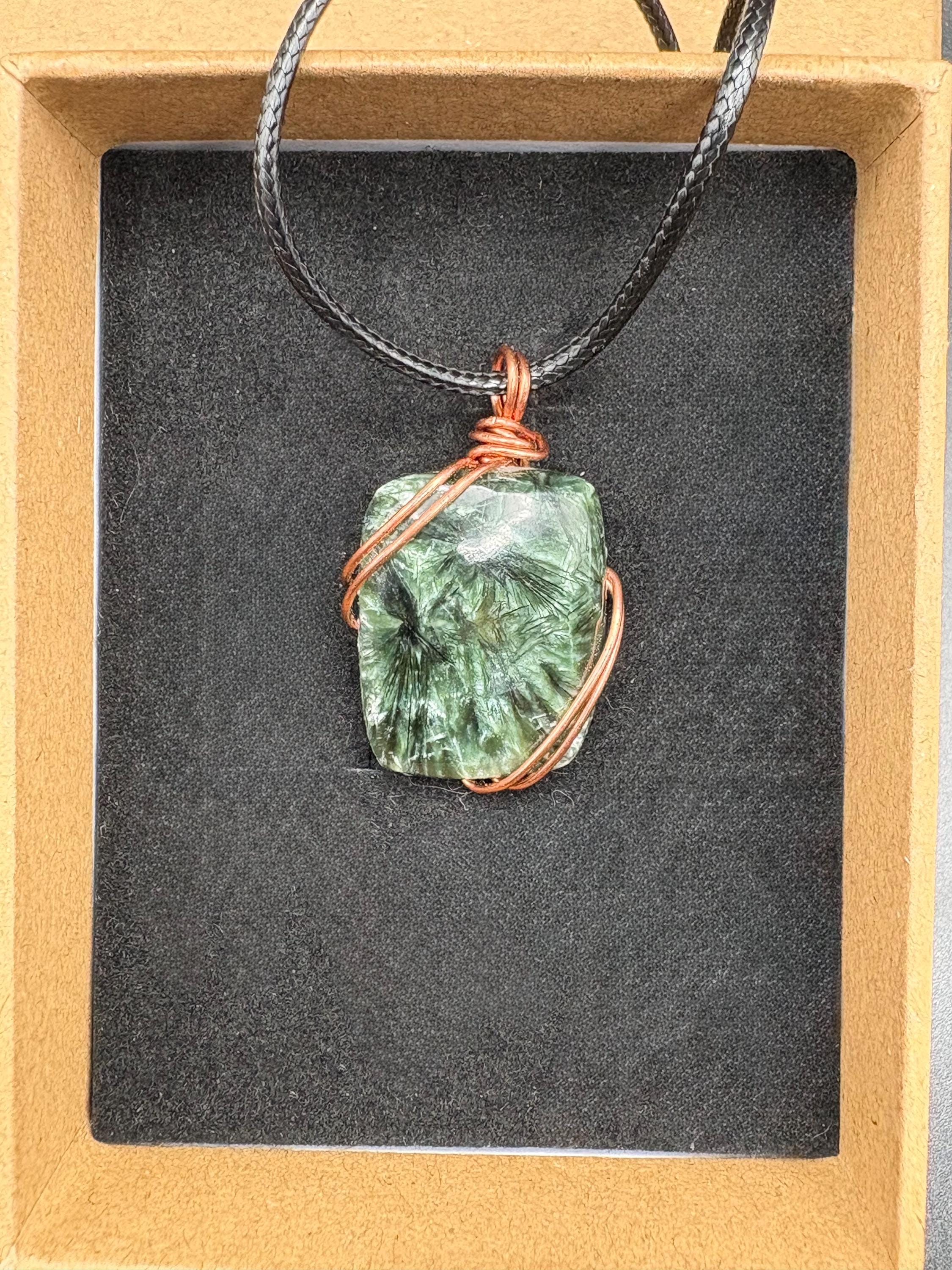 Seraphinite Crystal Pendant Necklace: Copper Wire Wrapped Feather Stone Jewelry image 10