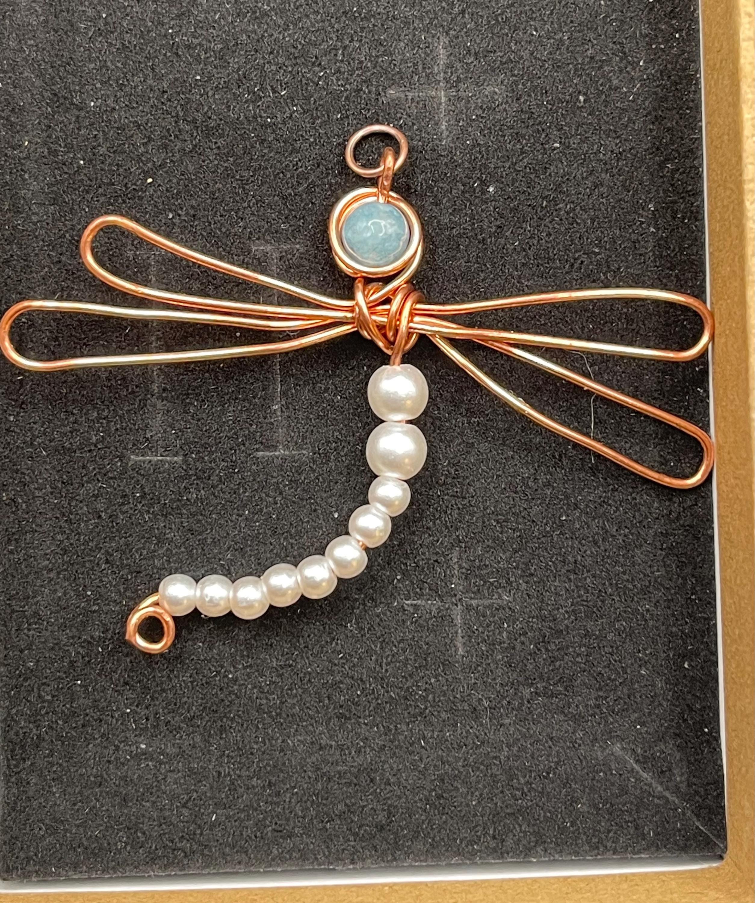 Wire Wrapped Dragonfly Pendant | Copper, Silver, Aquamarine, Pearl, Glass Beads image 2