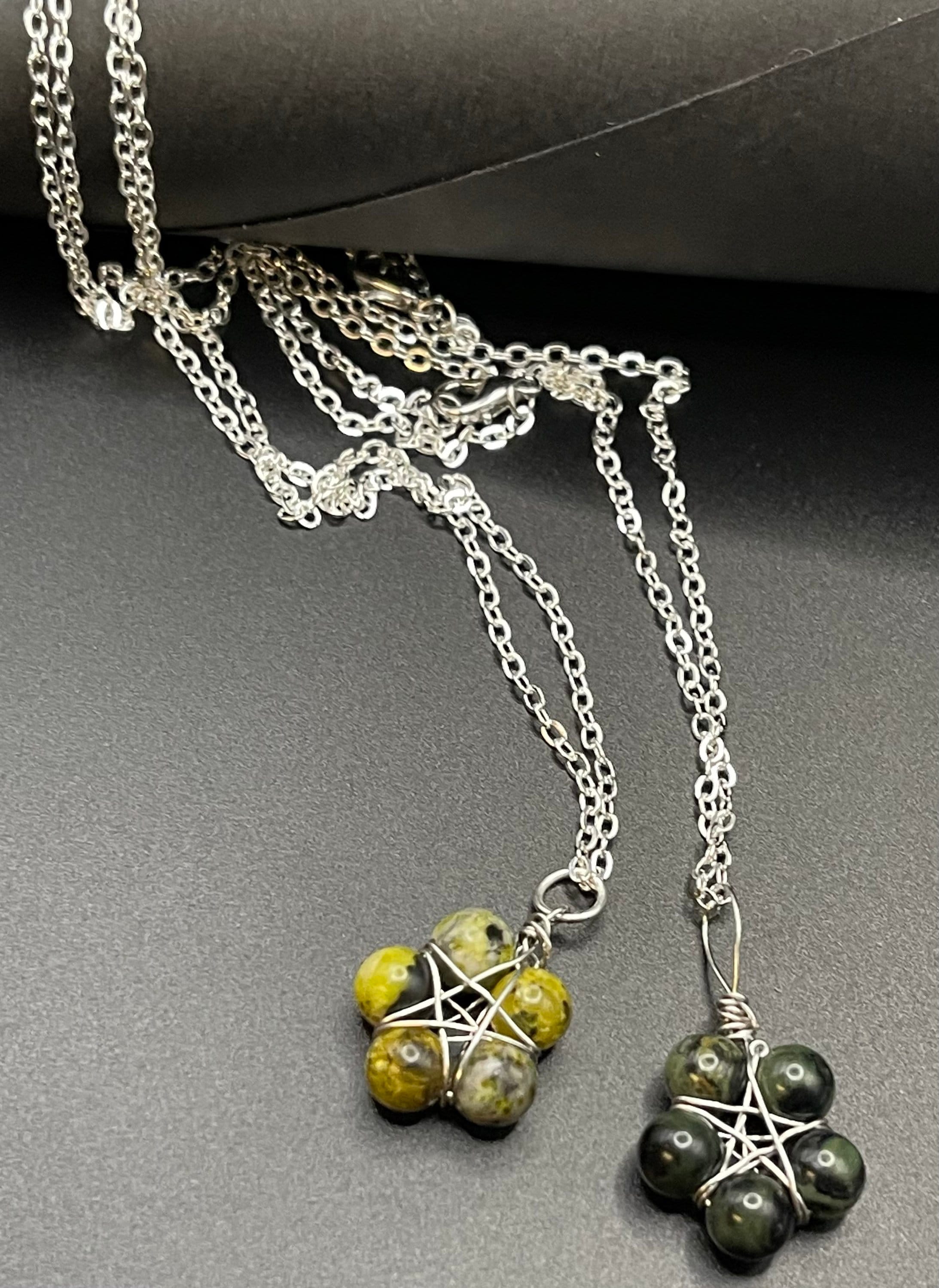 Pentacle Pendant Necklace, Wire Wrapped Yellow Turquoise or Kambaba Jasper, Pagan Witchy Jewelry image 2