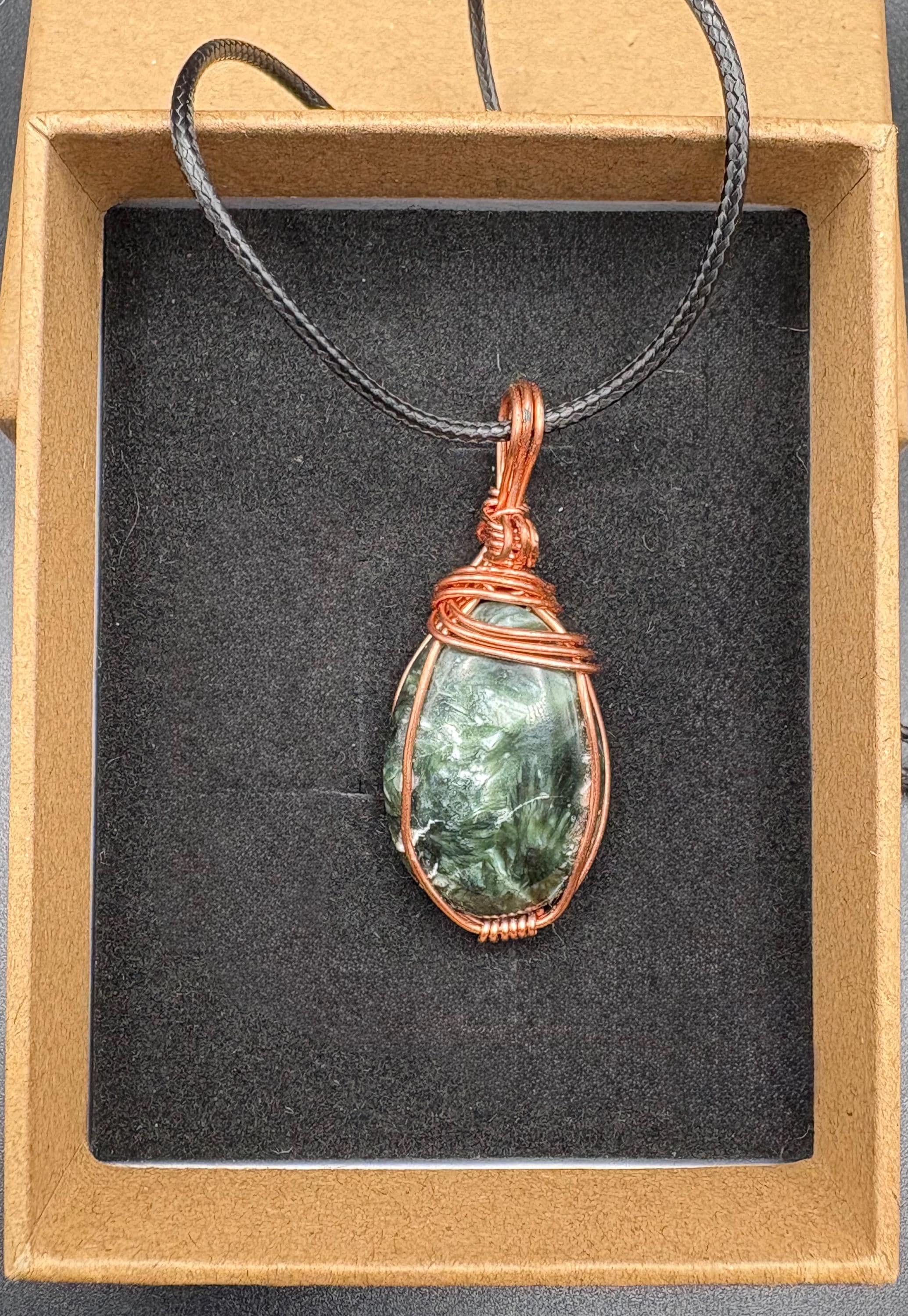 Seraphinite Crystal Pendant Necklace: Copper Wire Wrapped Feather Stone Jewelry image 7