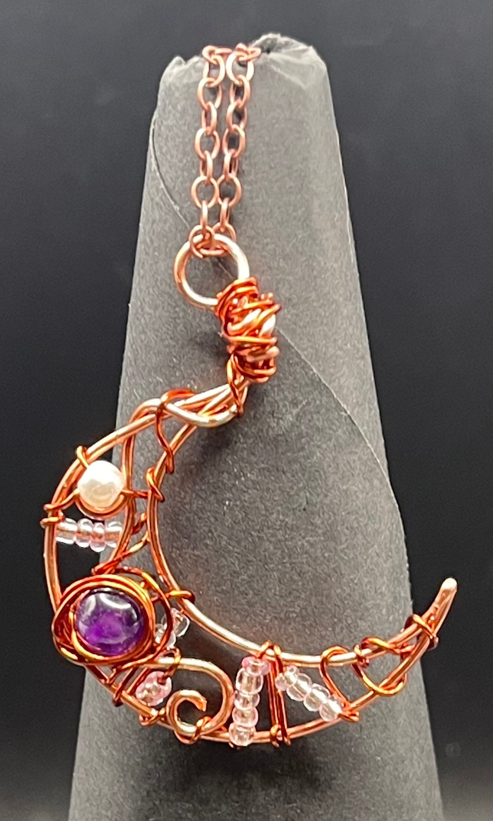 Handmade Copper Moon Necklace | Wire Wrapped Crescent Triple Goddess Pendant image 2