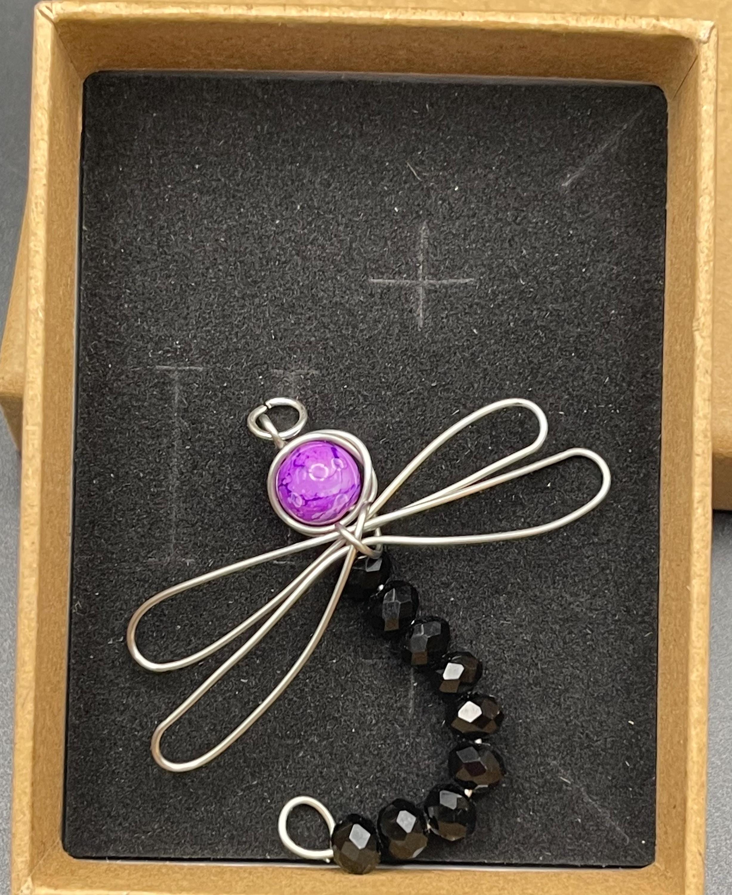 Wire Wrapped Dragonfly Pendant | Copper, Silver, Aquamarine, Pearl, Glass Beads image 4