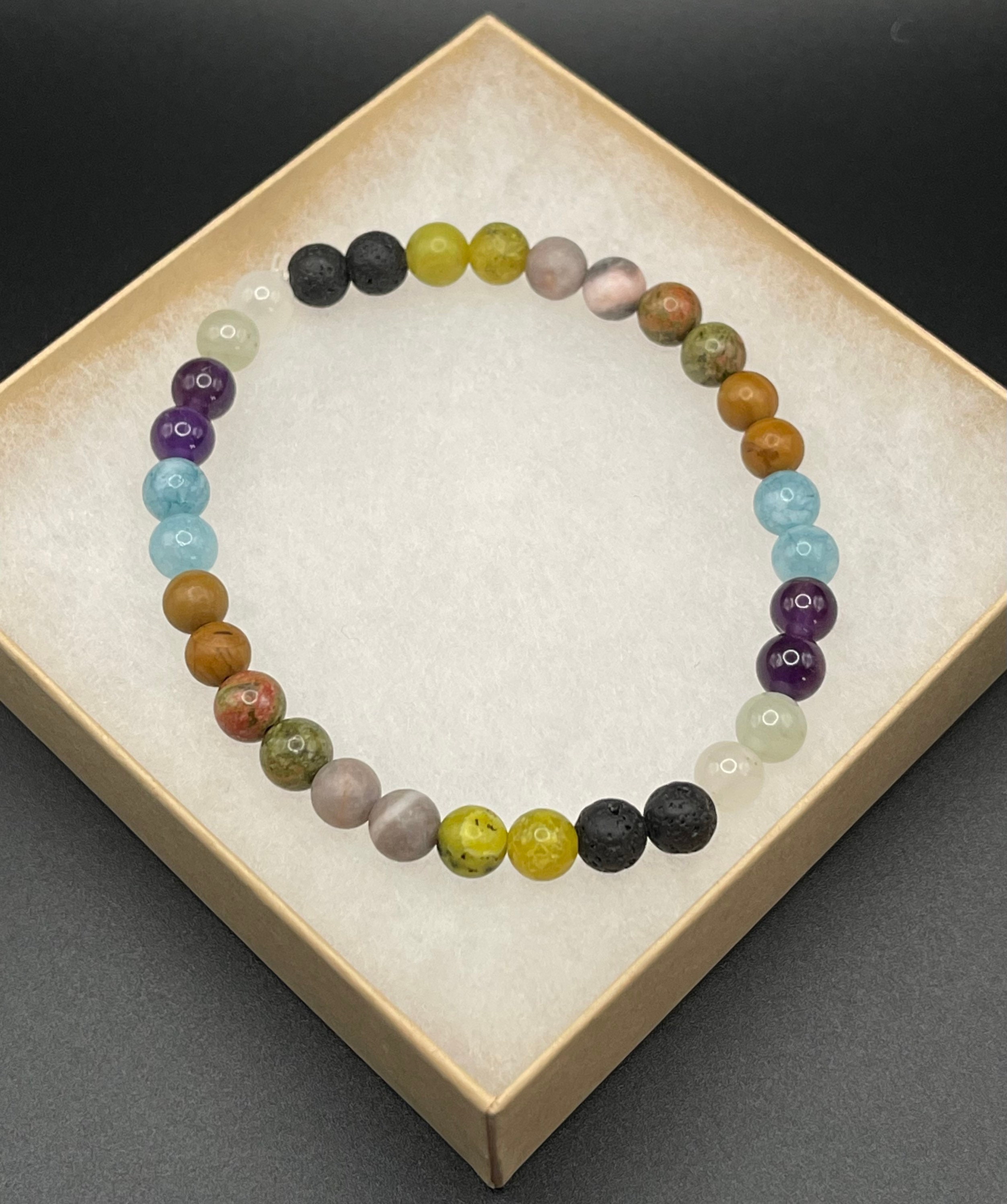 Handmade Gemstone Stretch Bracelet | Clear Quartz, Amethyst, Aquamarine, Lava Stone image 3