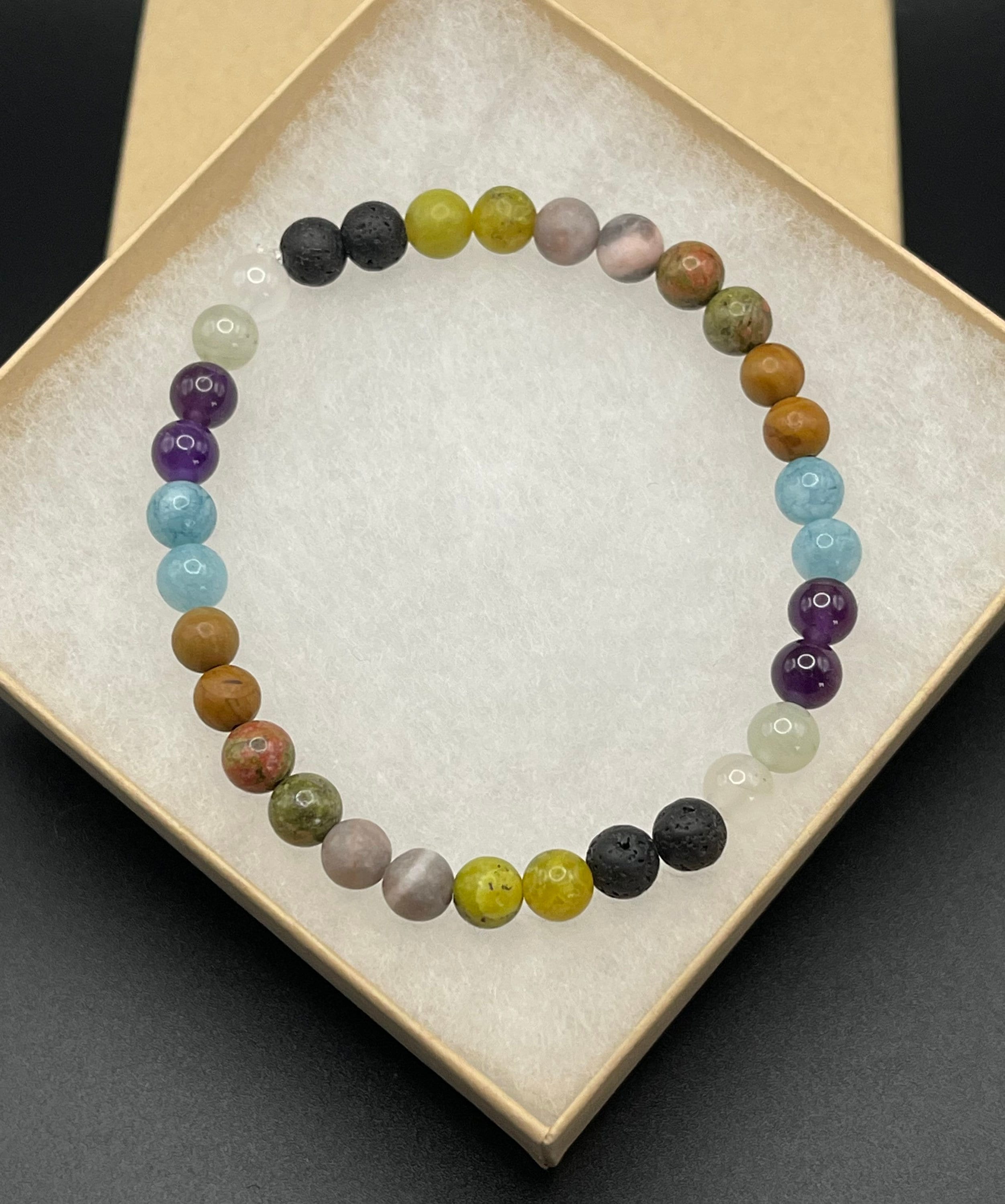 Handmade Gemstone Stretch Bracelet | Clear Quartz, Amethyst, Aquamarine, Lava Stone image 2