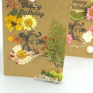 Tarjeta de feliz cumpleaños hecha a mano con temática de toro / Tarjeta de felicitación con flores secas y musgo hecha a mano - Perla y amarillo