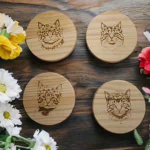 Floral Cat Crown Wood Coaster Set - Rustic Cottagecore Decor