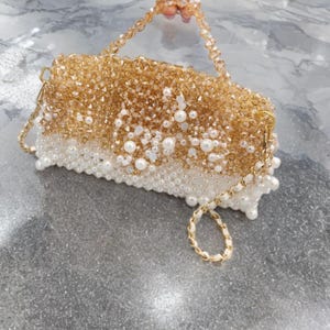Elegante bolso de cuentas inspirado en espuma de mar color champán con detalles de cristal brillante: un regalo de lujo para ella.