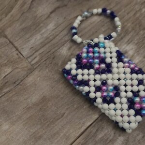 Handmade Blue, Pink & White Pearl Beaded Wallet – Leopard Print Beaded Purse with Magnetic Button Closure, Unique Gift for Her"