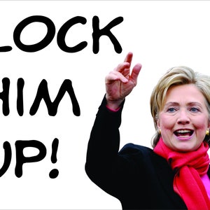 May include: A woman wearing a black jacket and a red scarf raises her right hand in the air. The text "LOCK HIM UP!" is written in black on a white background.
