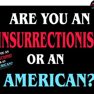 May include: A black and white image with the text "Are you an insurrectionist or an American?" in large, bold letters. The text is in red, white, and blue.