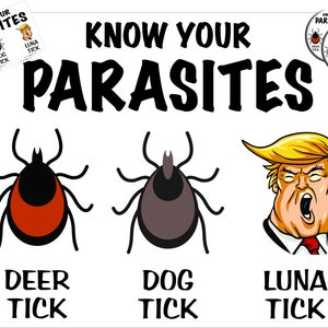 May include: A humorous illustration depicting three types of ticks: a deer tick, a dog tick, and a "Luna tick" which is a cartoon of Donald Trump's head. The image includes the text "Know Your Parasites".